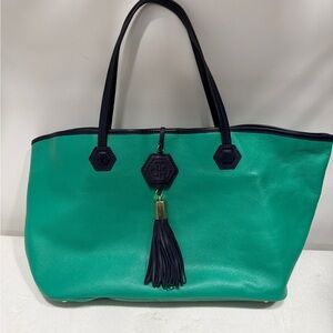 Jonathan Adler Jade Green and Navy Leather Tote Bag